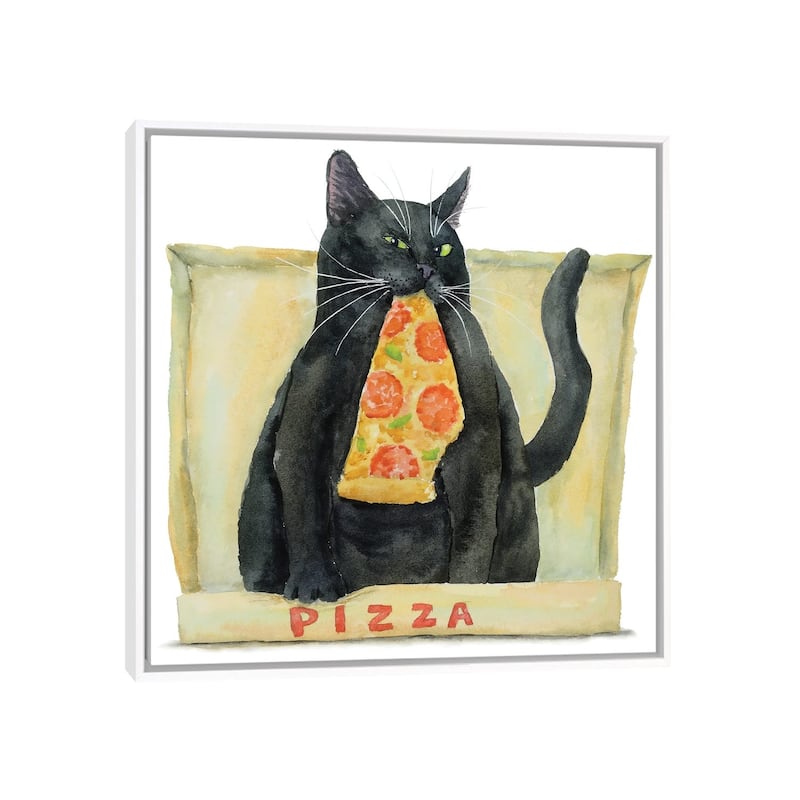 iCanvas "Black Cat And Pizza" by Alexey Dmitrievich Shmyrov Framed - White - 37x37