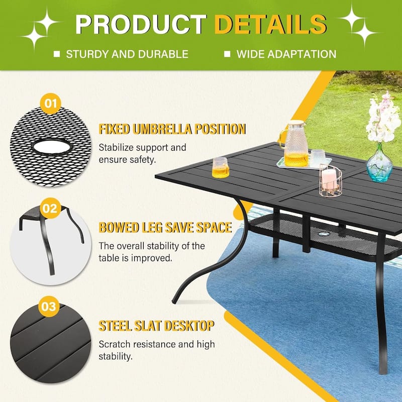60" x 37" Outdoor Patio Rectangular Metal Slatted Dining Table with Umbrella Hole for 6 Person