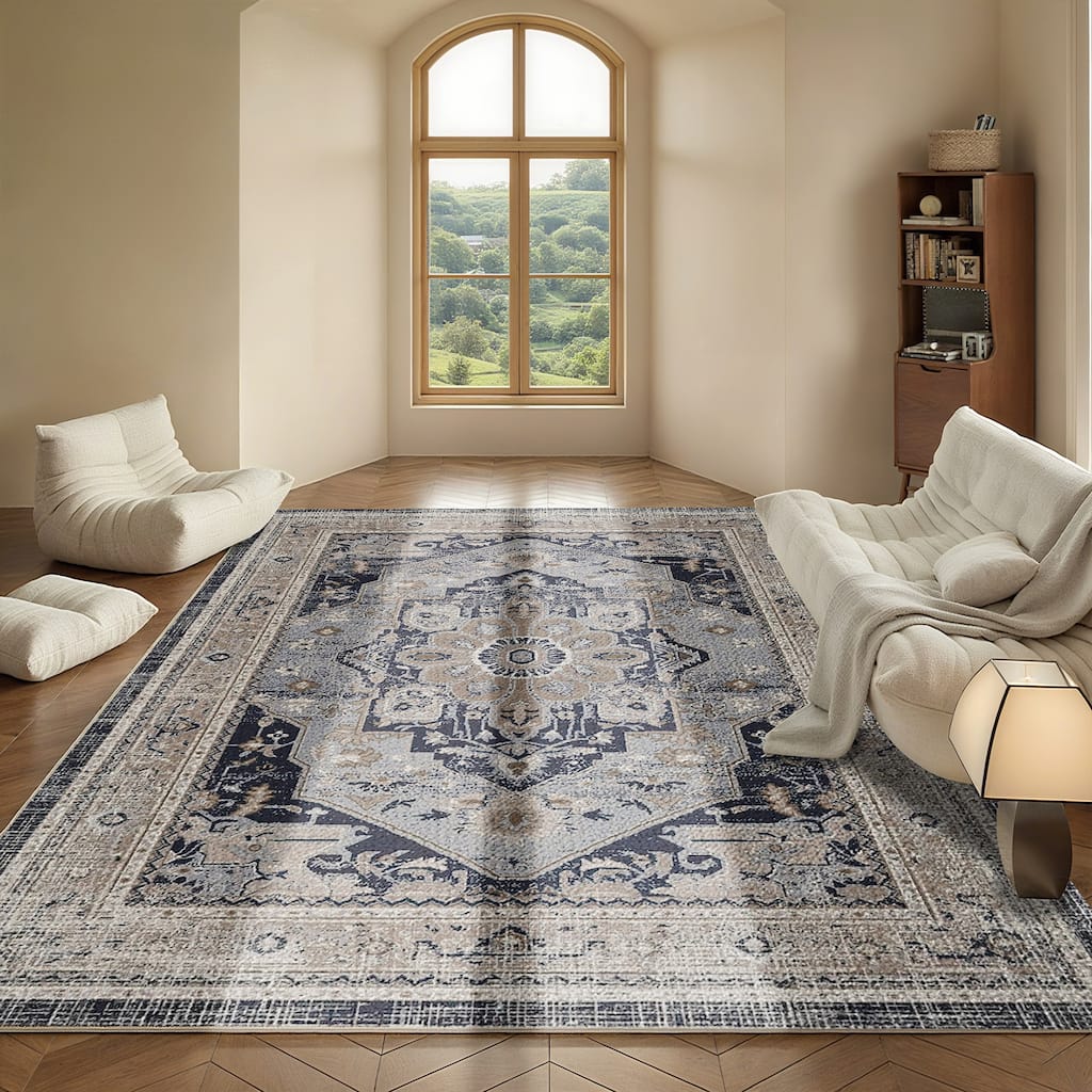 7FT x 5FT Vintage Bohemia Cotton Area Rug with Non-Slip TPR Backing for Indoor Living Room and Entryway - 6' x 7'