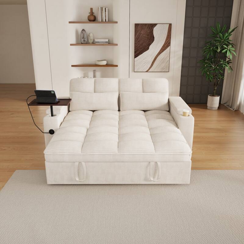 65'' Chenille 3-in-1 Folding Sectional Sofa with 360-Degree Swivel Side Table