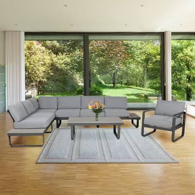 6 Person Outdoor L-Shape Metal Sectional Sofa Set with Cusions and Coffee Table