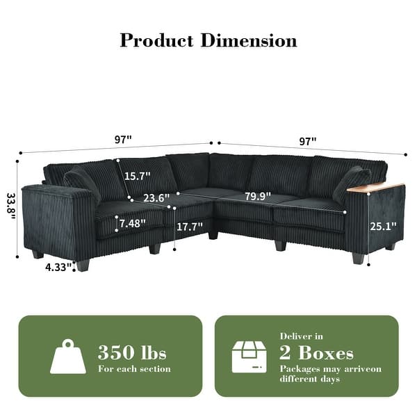 dimension image slide 2 of 3, GDFStudio - Jackson Oversized L-Shaped Corduroy Corner Couch with Armrest Storage