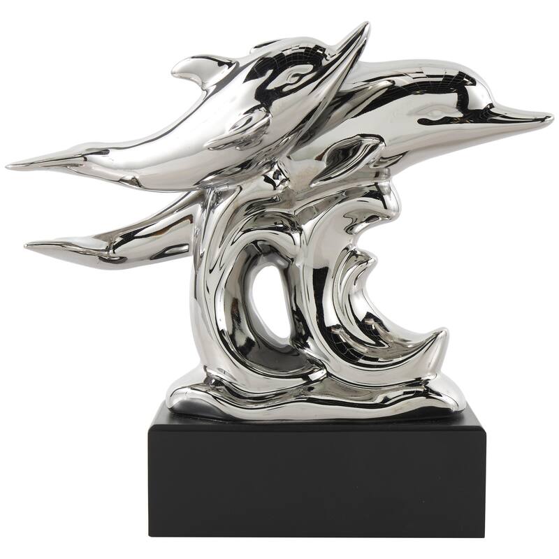 Ceramic Animal Decorative Sculpture with Black Block Base - Silver - Roche River Decor