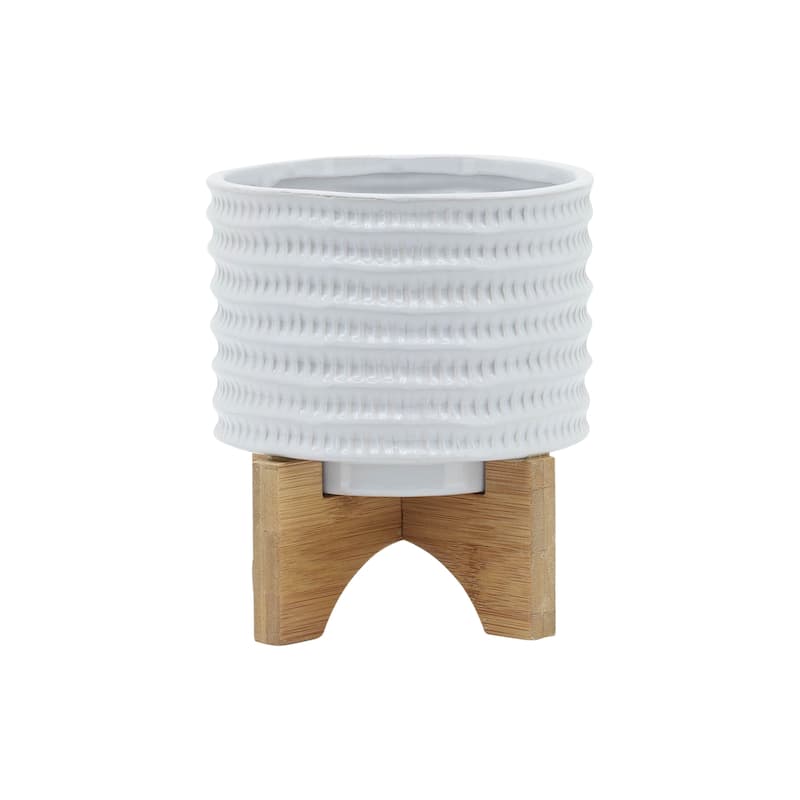 Sagebrook Home Neutral Modern Textured Ceramic Planter with Wood Stand
