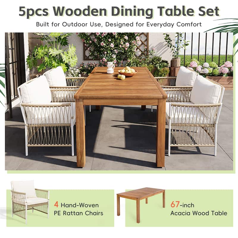 Roomfitters 5-Piece Patio Dining Table Set, Modern Outdoor Furniture with 4 Rope Armchairs and Cushions, Natural
