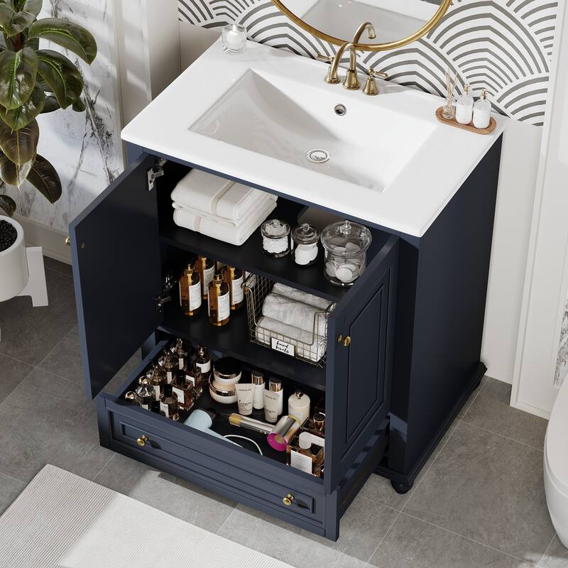 Modern Freestanding Solid Wood Bathroom Vanity with Ceramic Sink, Adjustable Shelf Storage