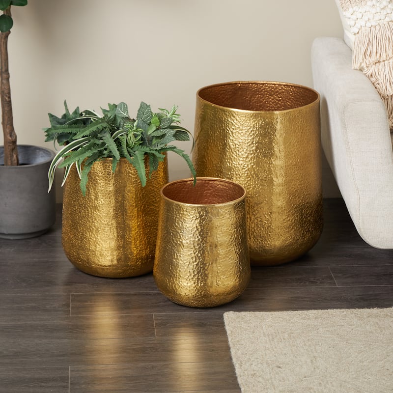 Aluminum Metal Indoor Outdoor Planter with Hammered Design - Set of 3 Silver or Gold - Roche River Decor