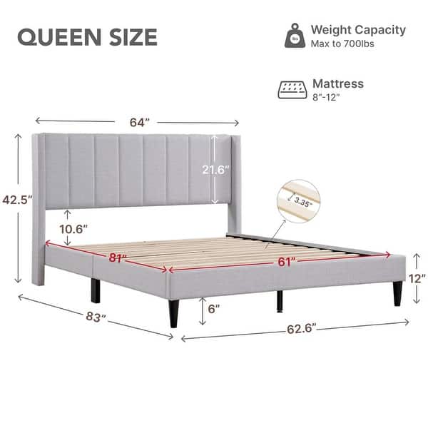 dimension image slide 7 of 12, Spruce & Spring Eleanor Upholstered Platform Bed Frame with Vertical Stripe Headboard