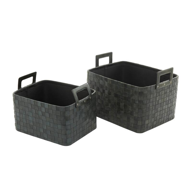Sleek Leather Modern Storage Basket with Handles (Set of 2) - Dark Blue or Brown