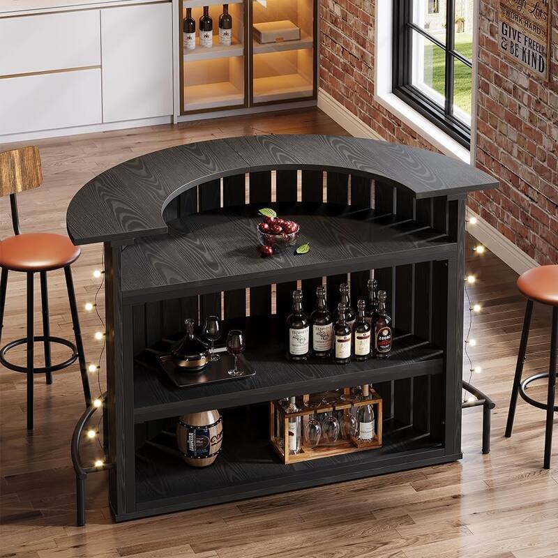 39.4” H Brown Engineered Wood Bar Table with Footrest, 4-Tier Arc-Shaped Home Bar Unit