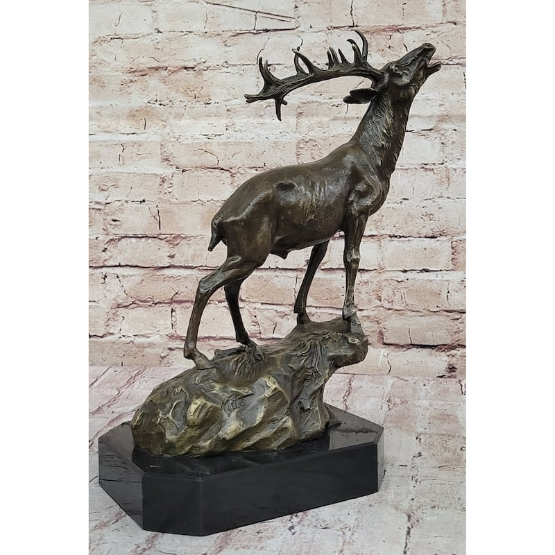 Chalet Lodge Art Elk Stag Buck Deer Hunter Bronze Marble Base Sculpture Statue