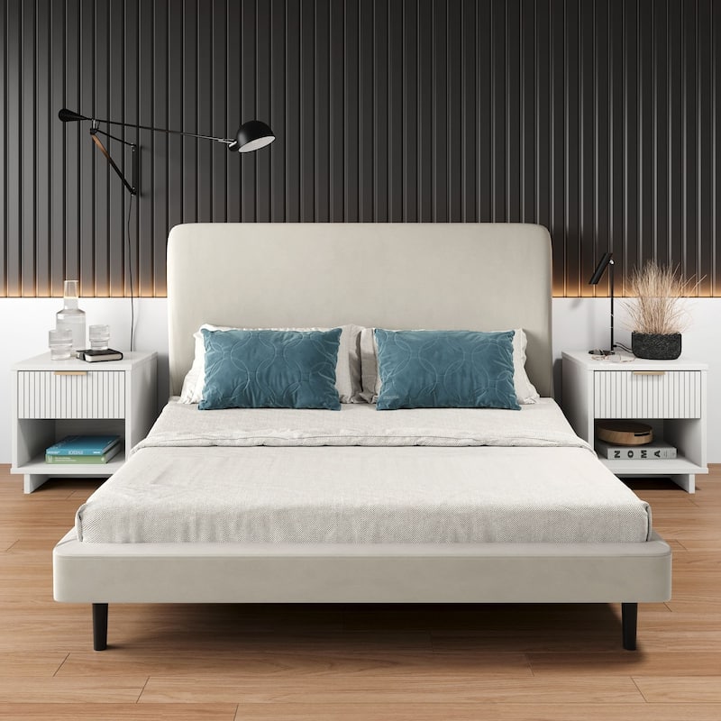 Manhattan Comfort Granville Mid Century Solid Wood 1 Drawer Nightstand Set of 2 - White