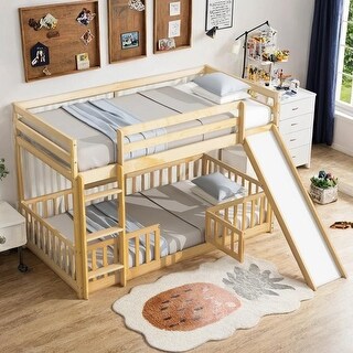 Solid Pine Wood Bunk Bed, Convertible Ladder and Slide, Twin Over Twin