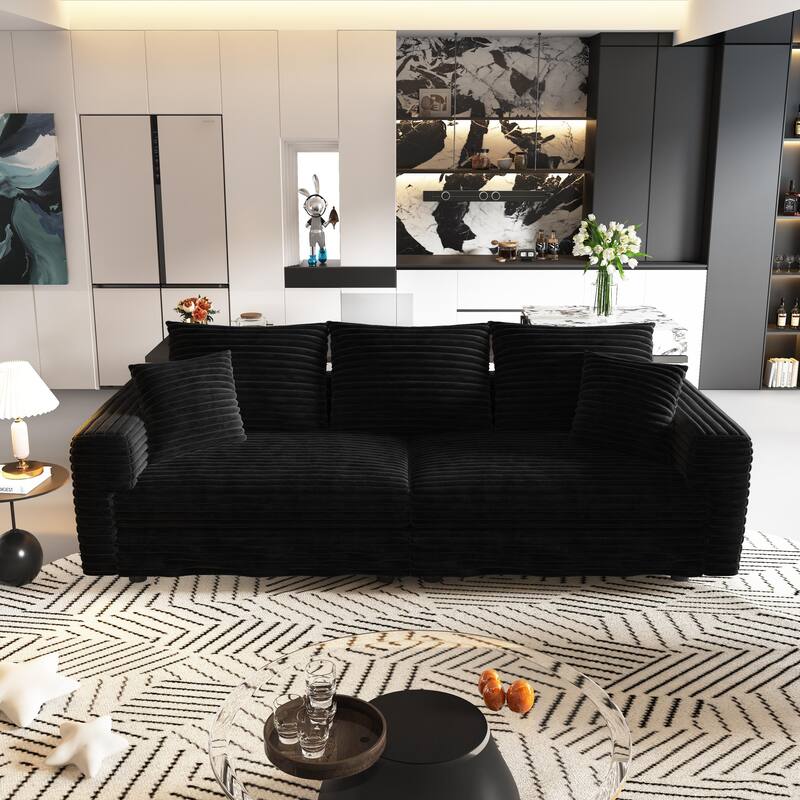 82.7 " Plush Corduroy 3-Seat Sofa,Modern Comfy Upholstered Sofa Cloud Couch,Deep Seat Couches with Soft Pillows - Black