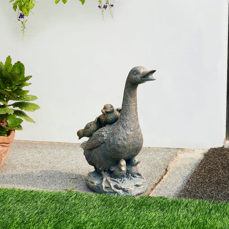 Glitzhome 15"H Resin Faux Bronze Duck Garden Statue Outdoor Decor