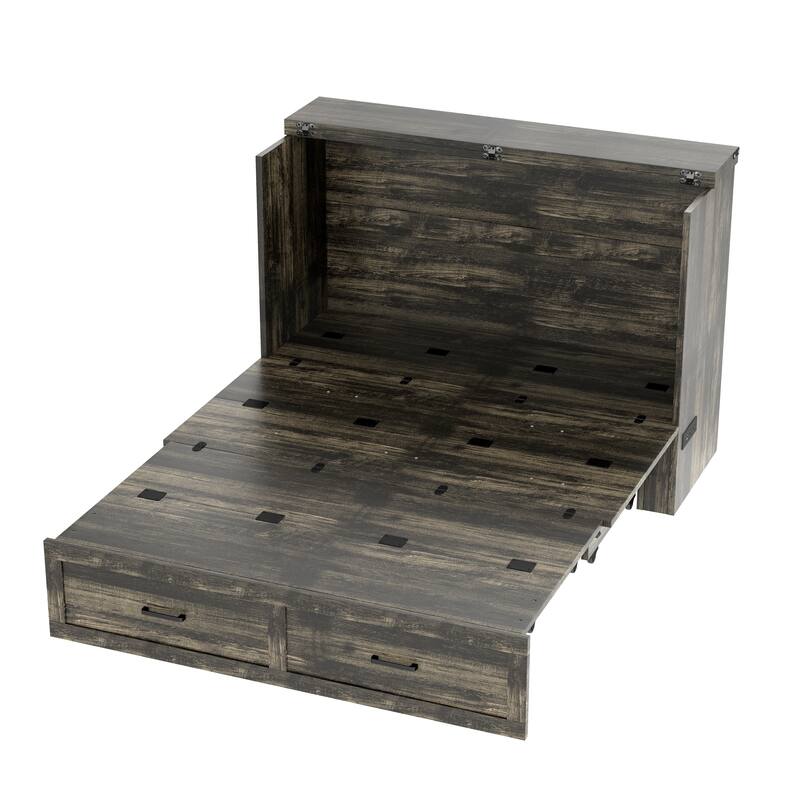 Queen/Full Size Murphy Cabinet Bed - Foldable Platform Bed with Charging Station & Large Storage Drawer