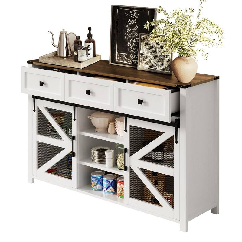 Farmhouse 55" Sideboard with 2 Sliding Barn Doors and 3 Drawers for Stylish Home Storage Solution