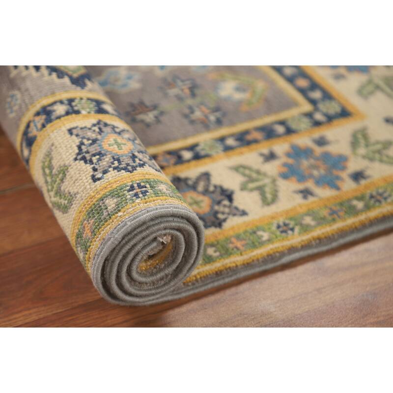 Gray Geometric Kazak Oriental Accent Rug Handmade Wool Carpet - 2'9" x 3'10"