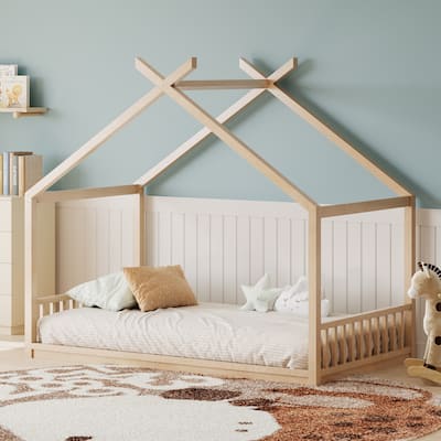 Montessori Style Wooden Floor Bed with Roof, Low Frame and Guardrails, Cozy Playhouse Look