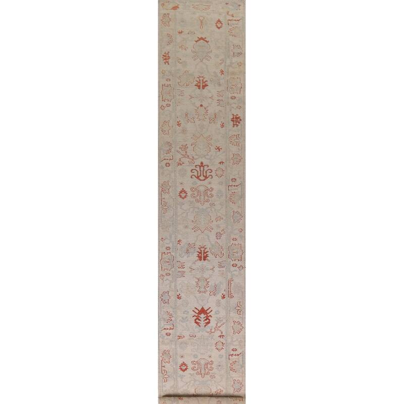 Hand Knotted Oriental 100% Wool Carpet Transitional All-Over Beige & Ivories Oushak Runner Rug - 17' 7'' X 2' 5''