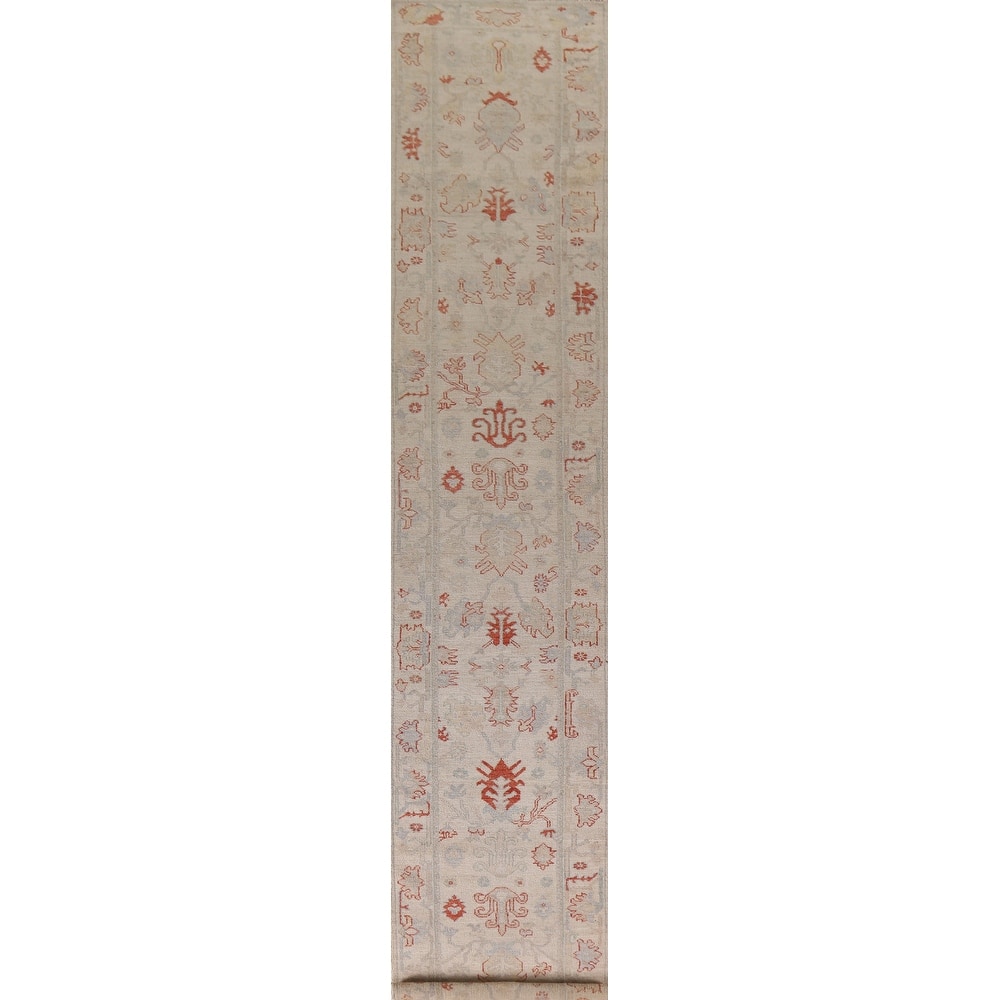 Hand Knotted Oriental 100% Wool Carpet Transitional All-Over Beige & Ivories Oushak Runner Rug - 17' 7'' X 2' 5''
