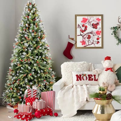 8FT Christmas Tree with 600 Warm White LED Lights-2850 Snow-Tipped PE+PVC Branches, Red Berries & Pine Cones,Hinged Design
