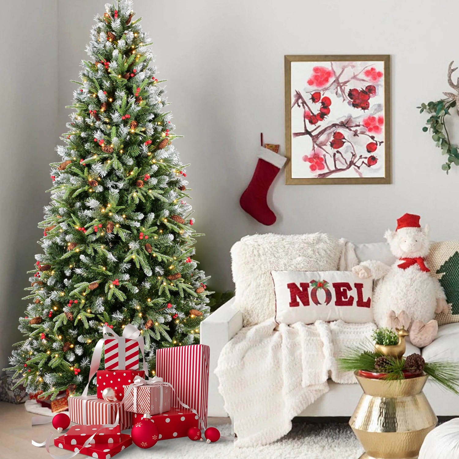 Pre-Lit Artificial Tree - Snow-Tipped Branches, Red Berries + Pine Cones, Hinged Design - Green,White