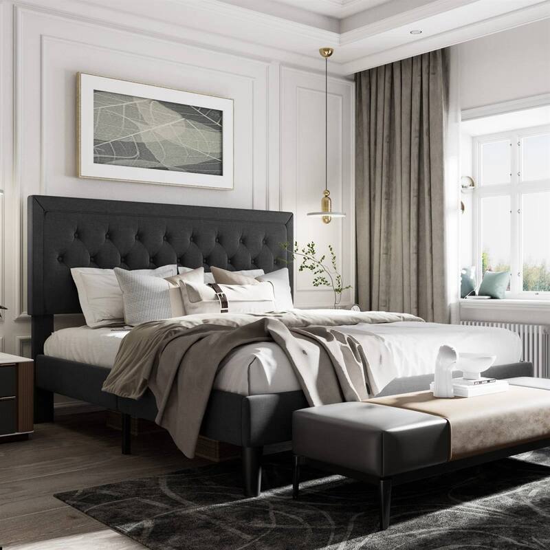 Modern Linen Upholstered Platform Bed with Tufted Button Headboard and Wood Slat Support