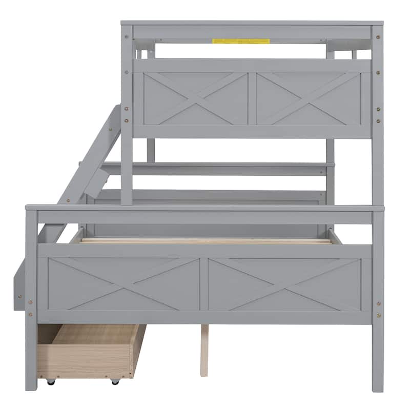 Gray Twin over Full Pine Wood Bunk Bed with Ladder and Storage Drawers