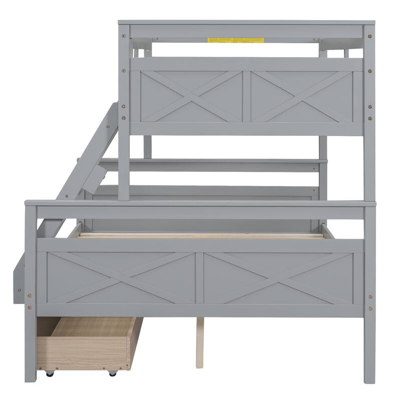 Gray Twin over Full Size Pine Wood Bunk Bed with Ladder, Two Storage Drawers, Safety Guardrail
