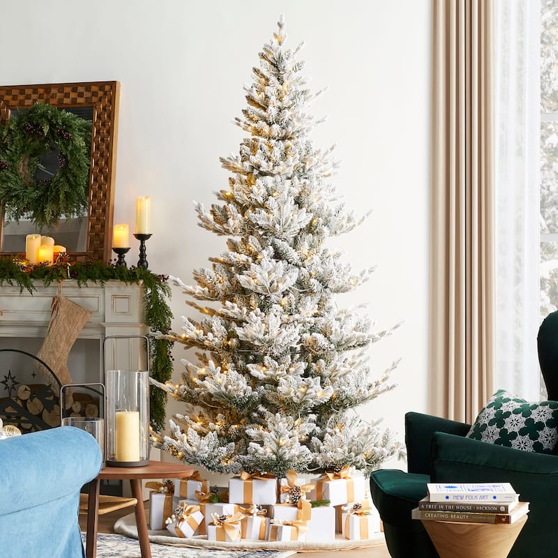 Glitzhome Snow Flocked Upward Slim Fir 7.5' or 9' Artificial Christmas Tree with LED Lights & Remote Control - 7.5 Foot - 7.5ft