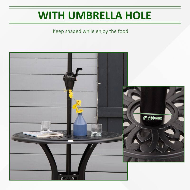 30" Round Patio Dining Table with Umbrella Hole, Antique Cast Aluminum Outdoor Bistro Table Only, Black