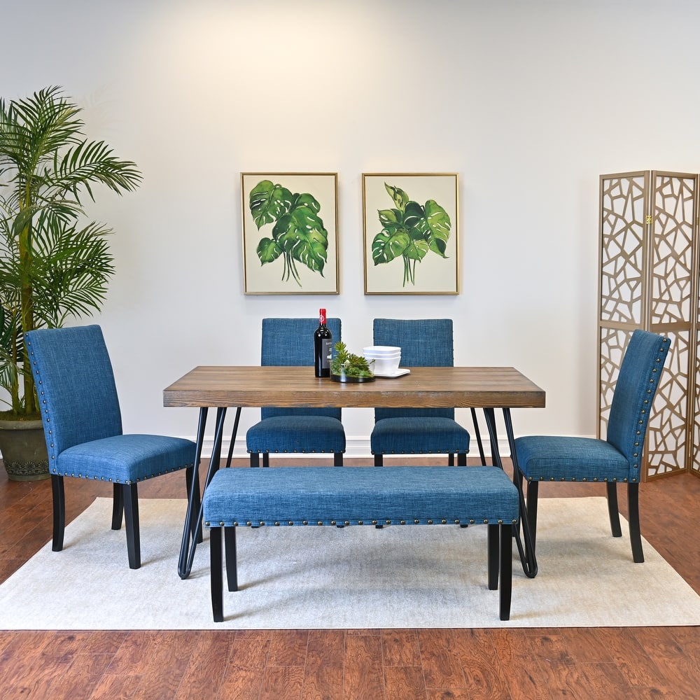 6-Piece Industrial Dining Set with Rectangular Table & Linen Chairs