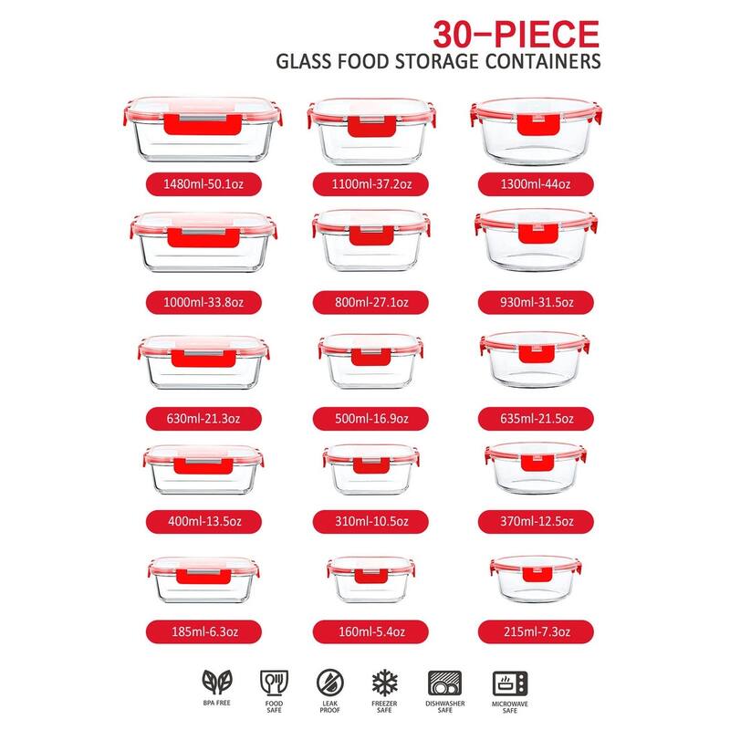 30 Pieces Glass Food Storage Containers with Upgraded Snap Locking Lids,Glass Meal Prep Containers Set Airtight Lunch Containers