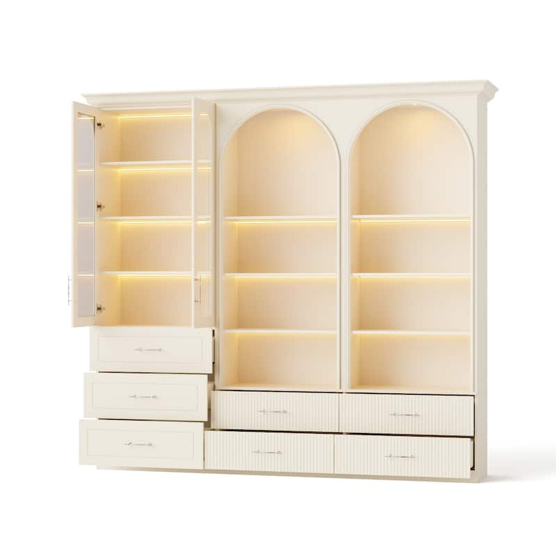 Modular Bookcase with LED Lights, Glass Door Storage Cabinet with Drawers, Large Display Shelving Unit Sideboard