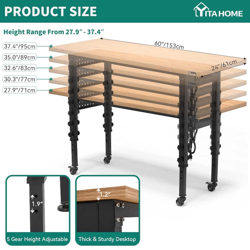 60" W Adjustable Height Workbench - 60