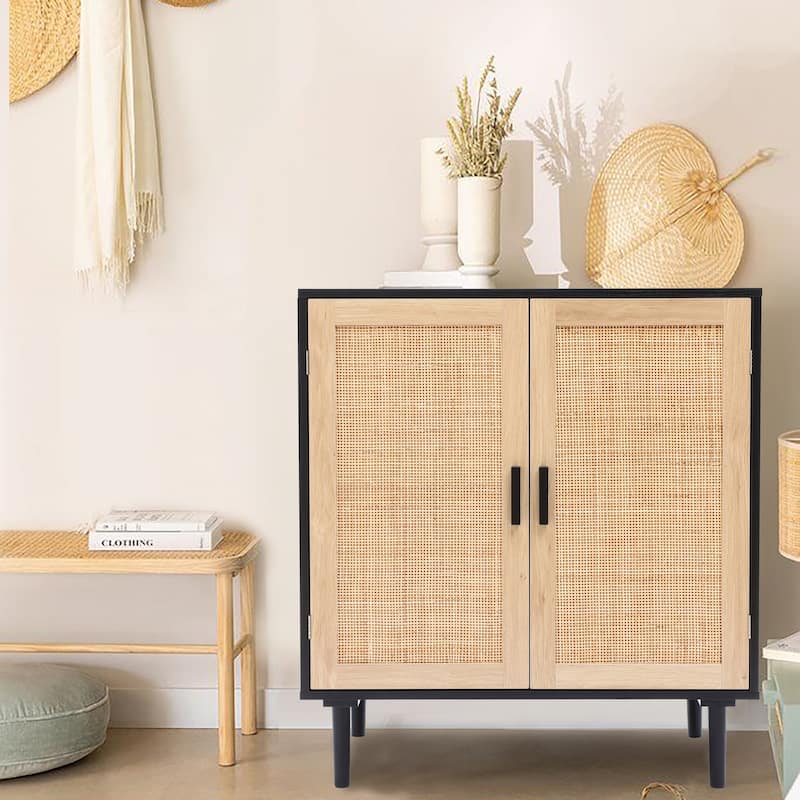 2-Door Rattan Storage Cabinet-Light Oak and Black Wood