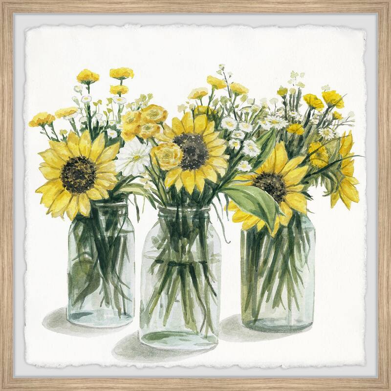Sunflowers In Glass Jars Wall Art Print - Coastal Chic Home Decor Painting