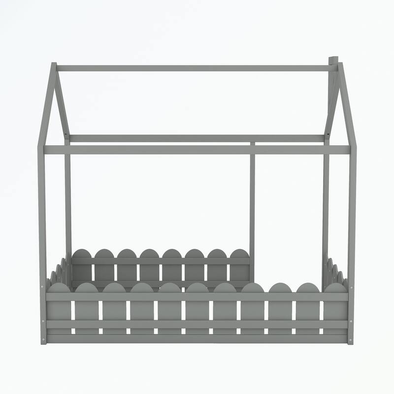 Twin Size Wood Bed House Bed Frame with Fence