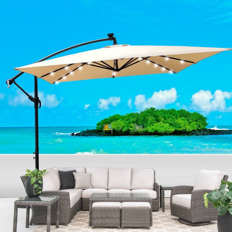Square 2.5X2.5M Patio Umbrella Solar Powered LED Lighted Sun Shade Market Waterproof 8 Ribs Umbrella with Crank and Cross Base