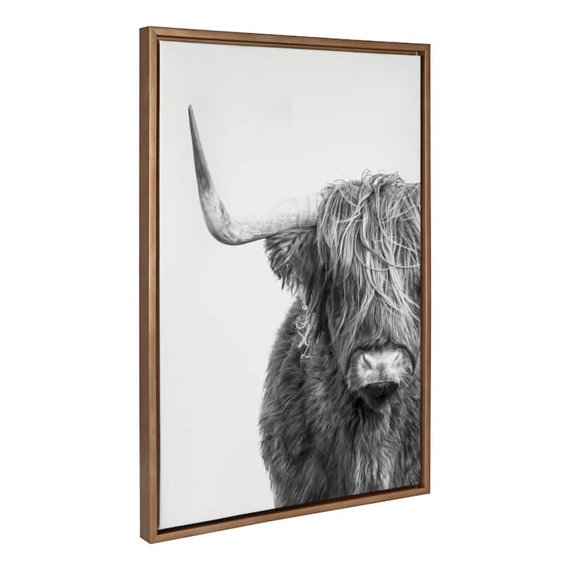 Kate and Laurel Sylvie BW Highland Cow 1 Framed Canvas by Amy Peterson - 23x33 - Gold