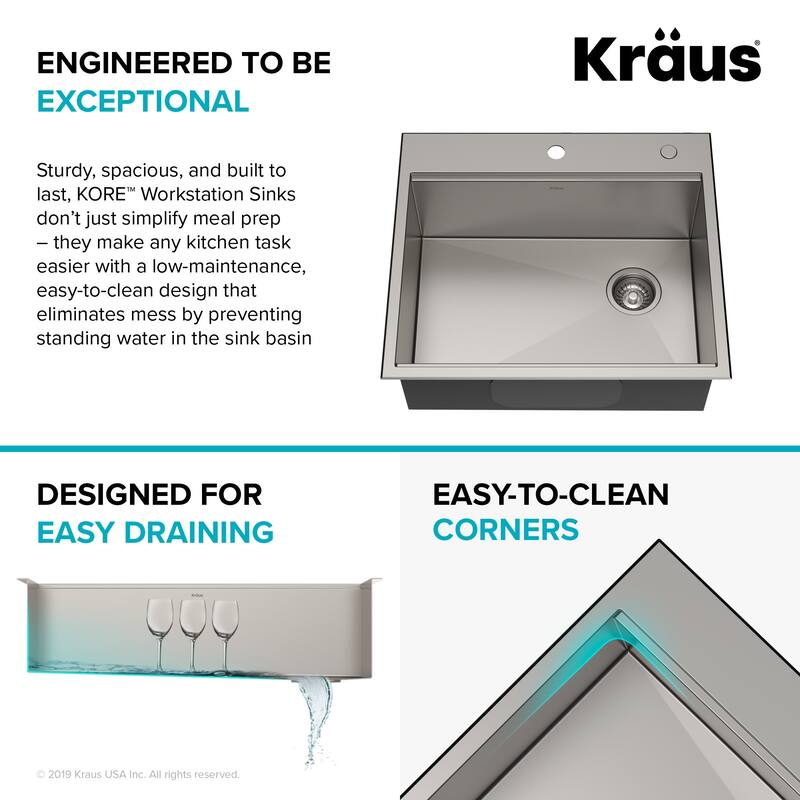 Kraus Kore 25" Drop In or Undermount Single Basin Stainless Steel