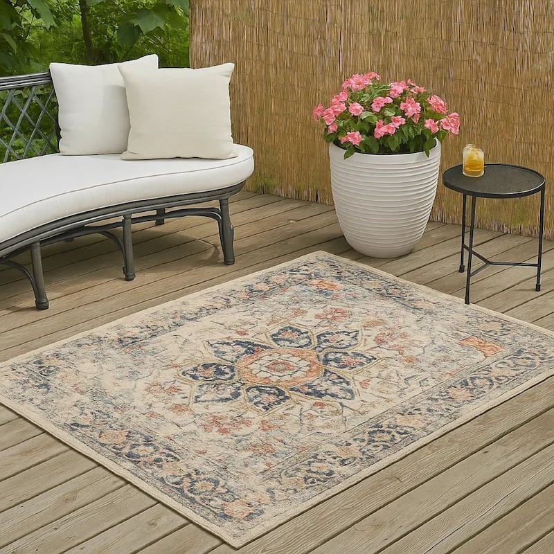 Jerry 5 x 7 Area Rug, Indoor Outdoor, Medallion, Polyester, Ivory Orange - 5 x 7