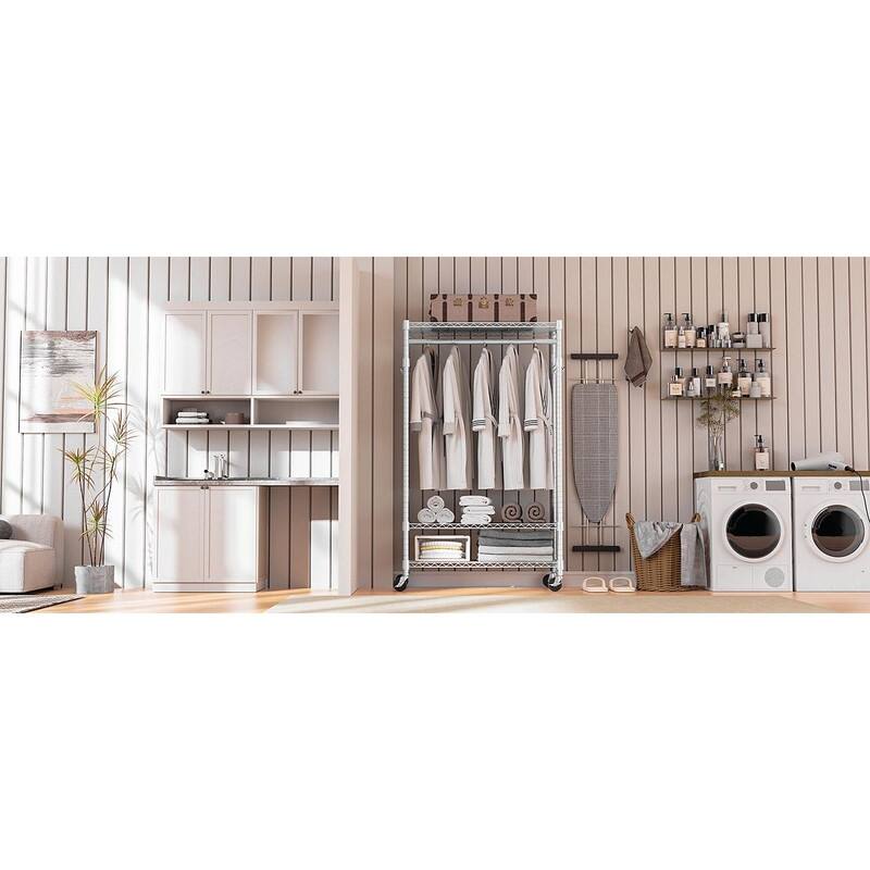 Heavy Duty Rolling Garment Rack with Wheels, 3-Tier Adjustable Wire Shelving, Clothes Rack with Rods & Side Hooks
