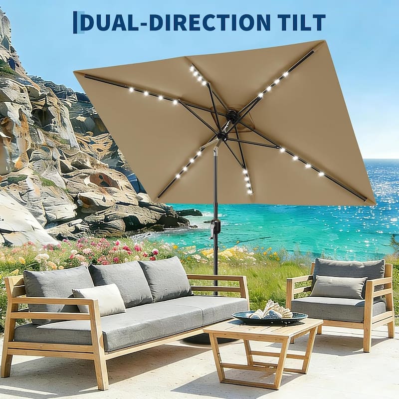 10' x 6.5' Solar Patio Umbrella with Crank and Push Button Tilt for Garden, Deck, Lawn, Pool with Lights (No Base)