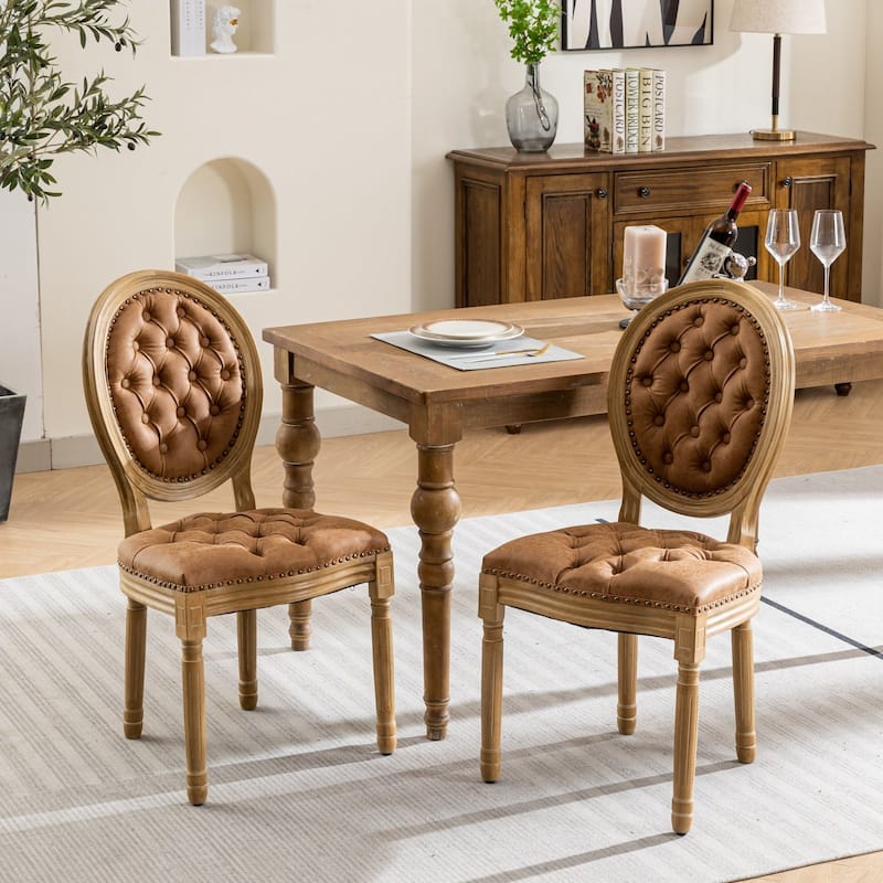 French Dining Chair Set of 2 Leather Upholstered Dining Chair Solid Wood Frame Oval Backrest Side Chair Without Arms