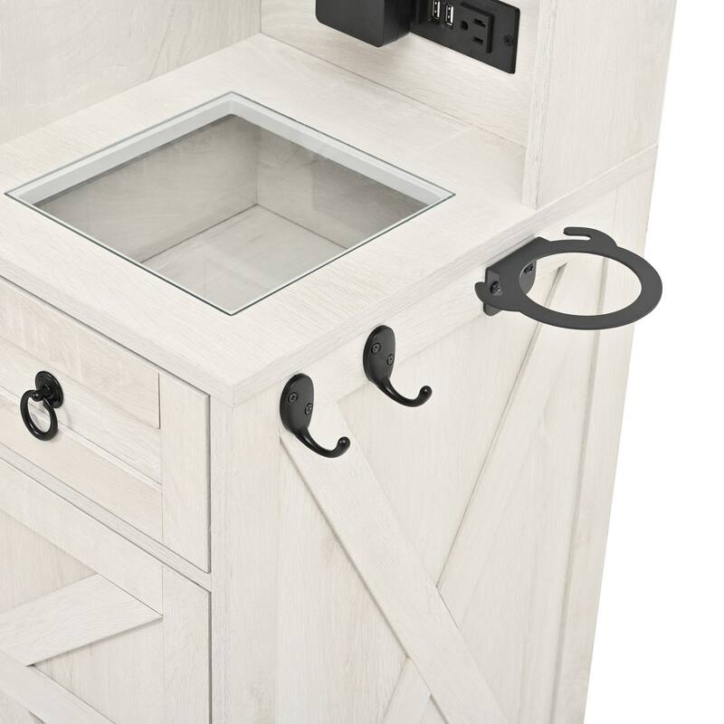 42.52" Farmhouse Dresser with Sliding LED Mirror, Glass Table Top and Stool