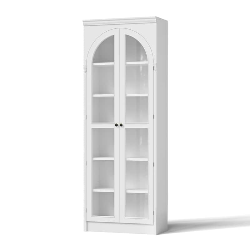 Modular White Bookcase with LED Lights & Glass Doors, 86.6" Tall Arched Display Cabinet Solid WoodStorage Cabinet