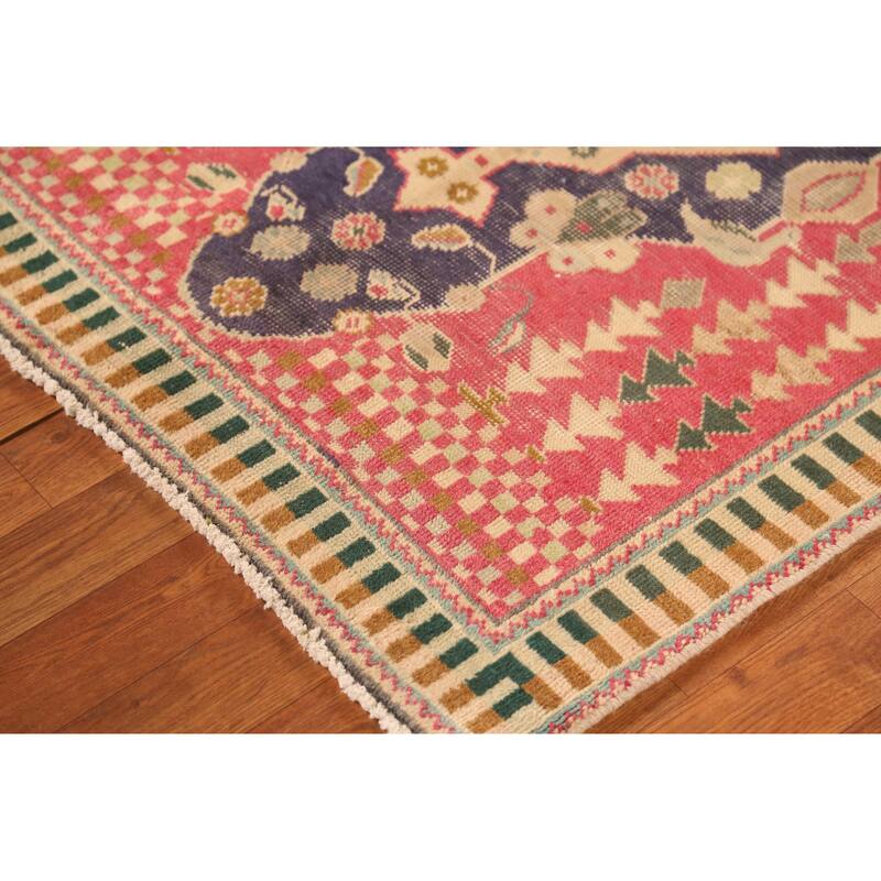 Hand Knotted Oriental 100% Wool Carpet Traditional Geometric Pink Tabriz Runner Rug - 9' 7'' X 3' 3''