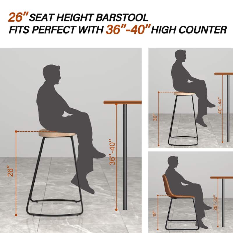 Counter Bar Stools Set of 3, Solid Wood Bar Stool for Kitchen Island 26" Barstool w/Metal Leg Rustic Backless Saddle Seat Stools